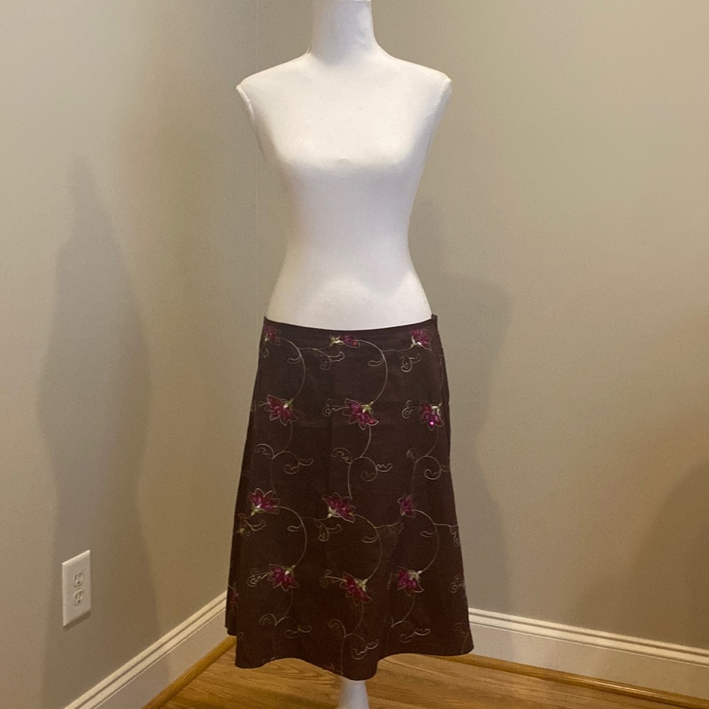 Brown, Floral-Embroidered Skirt